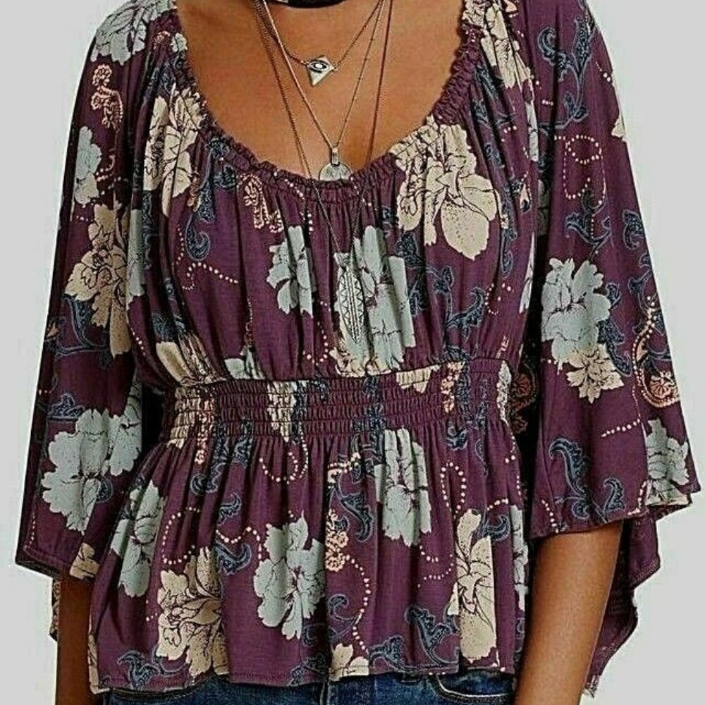 Free People Purple Floral Boho Peplum Top | SP